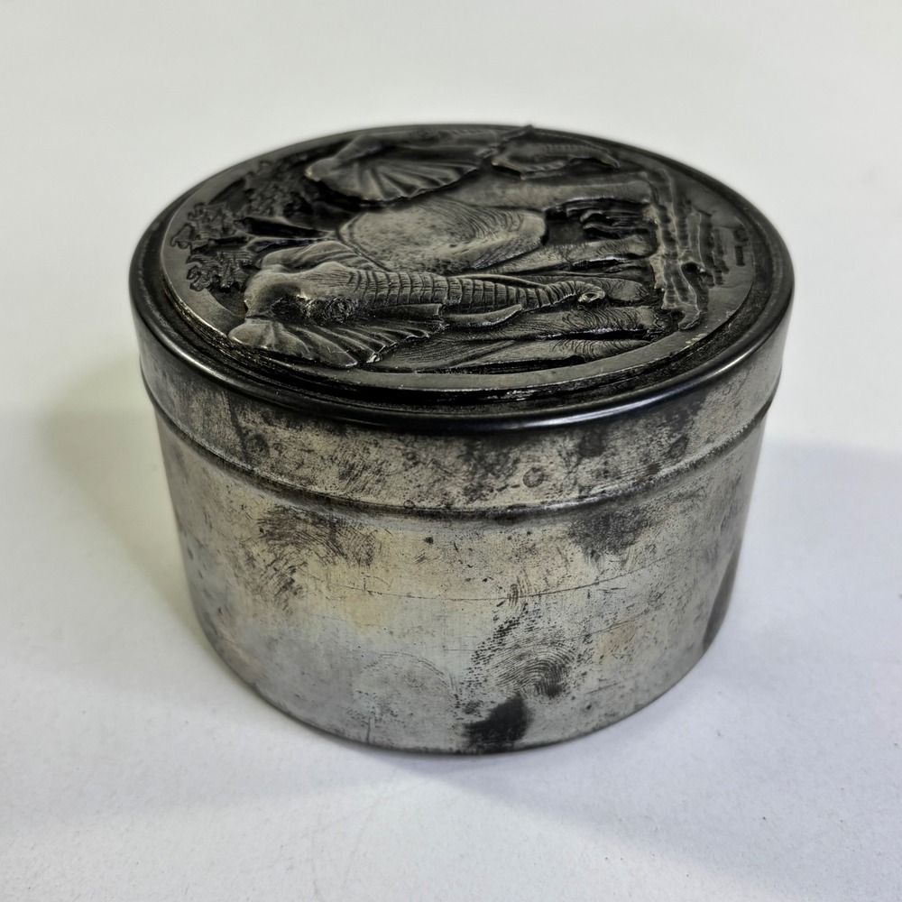 Metzke Pewter Elephant Trinket Box Vintage 1974 Round Lidded Jewelry Dish - Picture 4 of 9
